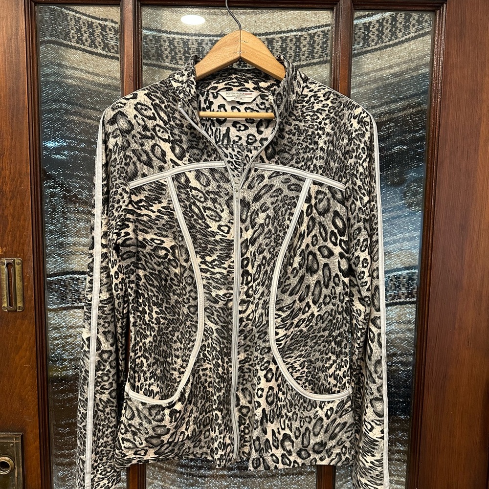 Boston Proper Black and White Leopard Track Athletic Jacket Animal Print Sporty